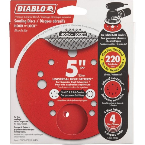 Diablo 5 in. 220-Grit Universal Hole Random Orbital Sanding Disc with Hook and Lock Backing (4-Pack)  ** CALL STORE FOR AVAILABILITY AND TO PLACE ORDER **